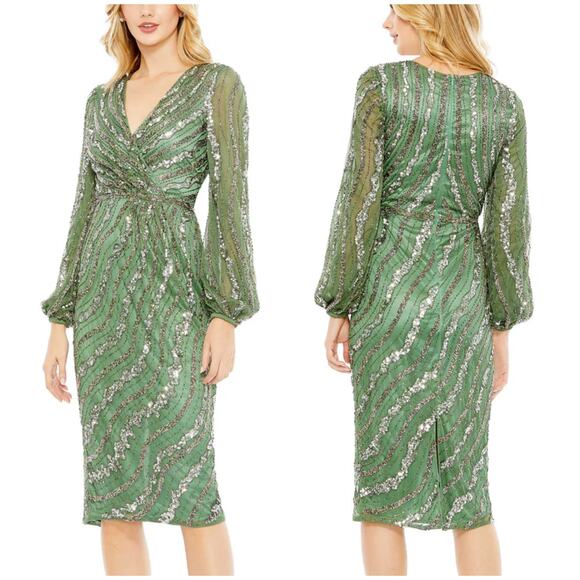 Mac Duggal NWT Sequin Embellished Long Sleeve Midi Dress Size 14 Sage Green - Picture 1 of 13